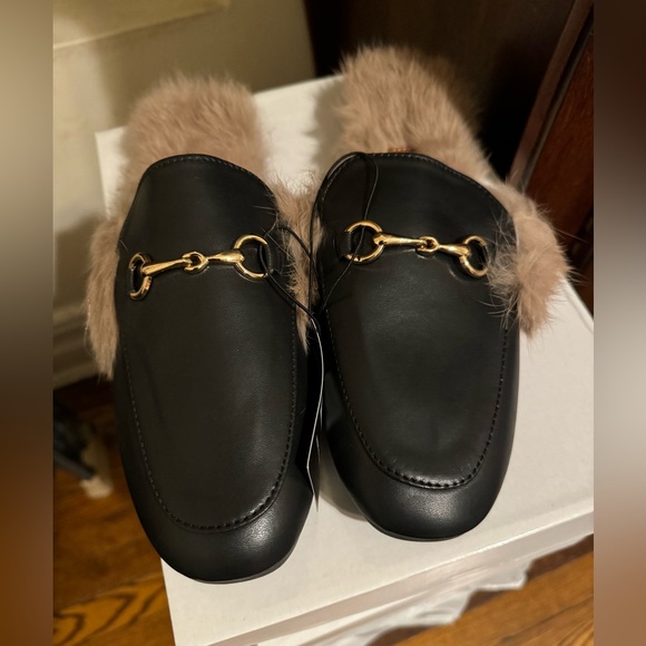 Black Faux Leather Loafers with Fur Lining - Picture 1 of 9